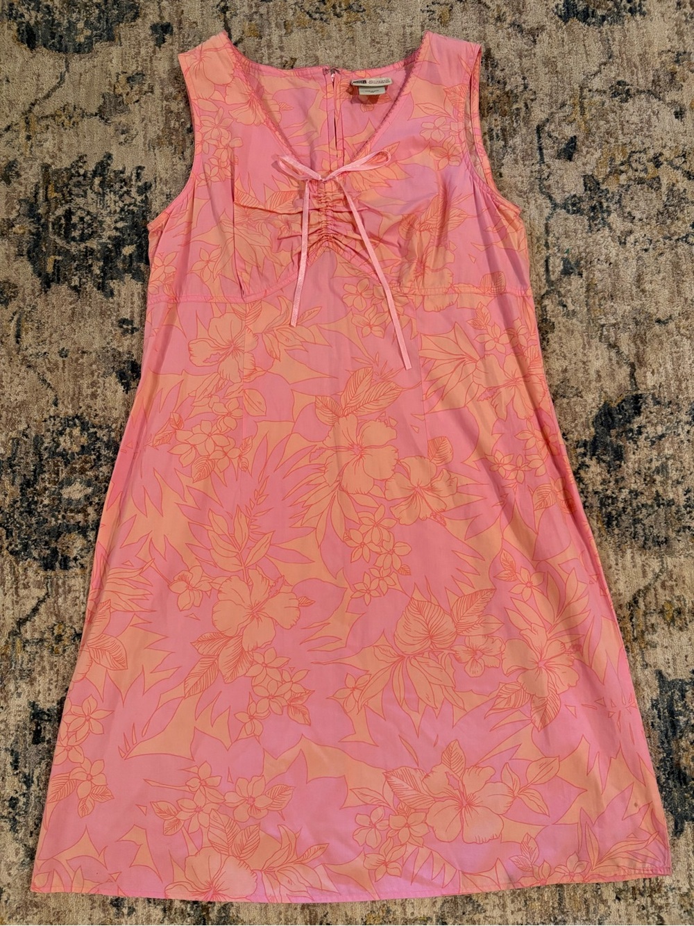 VTG Y2K Faded Glory Pink Peach Floral Cotton V-Neck Sleeveless Zip Bow Dress 14